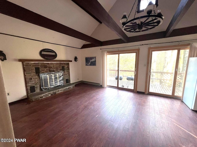 unfurnished living room with baseboard heating, lofted ceiling with beams, an inviting chandelier, a fireplace, and hardwood / wood-style floors