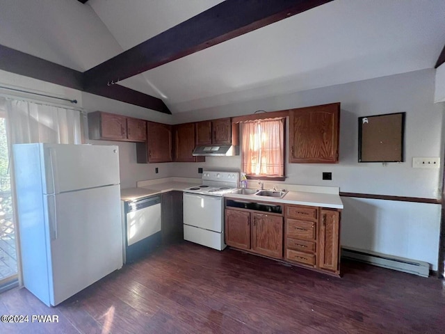 kitchen with white appliances, baseboard heating, light countertops, under cabinet range hood, and lofted ceiling with beams