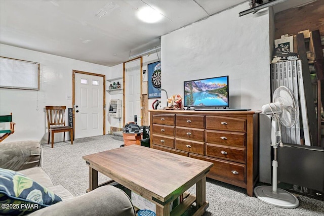 living room with light colored carpet