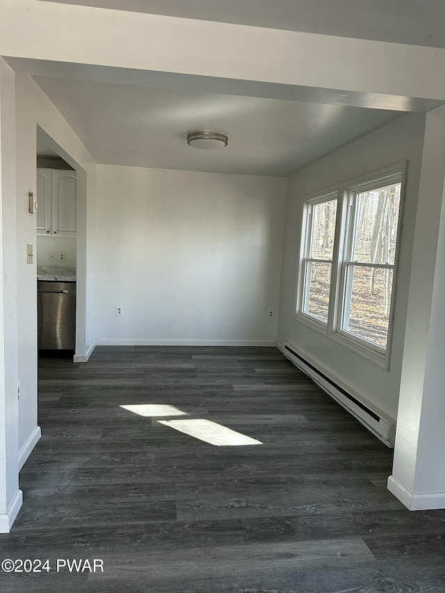 unfurnished room with dark hardwood / wood-style floors and baseboard heating