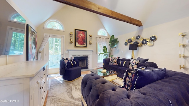 785 Milford Rd, Dingmans Ferry, PA 18328 - living area featuring beamed ceiling, a fireplace with raised hearth, baseboard heating, and high vaulted ceiling