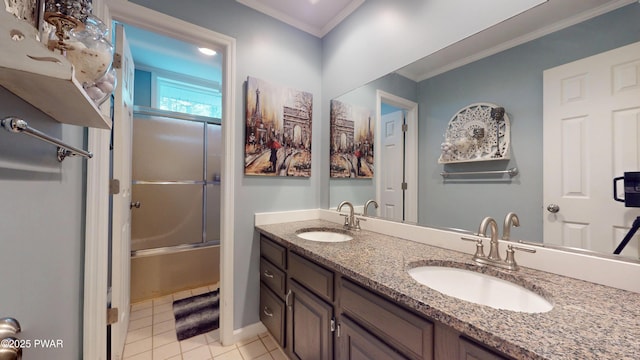 785 Milford Rd, Dingmans Ferry, PA 18328 - bathroom with tile patterned floors, double vanity, ornamental molding, and combined bath / shower with glass door