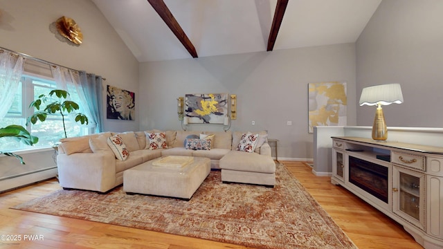 785 Milford Rd, Dingmans Ferry, PA 18328 - living area with light wood-style flooring, beam ceiling, high vaulted ceiling, and a baseboard radiator
