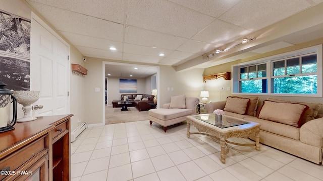 785 Milford Rd, Dingmans Ferry, PA 18328 - living room featuring a baseboard radiator, light carpet, a drop ceiling, and recessed lighting