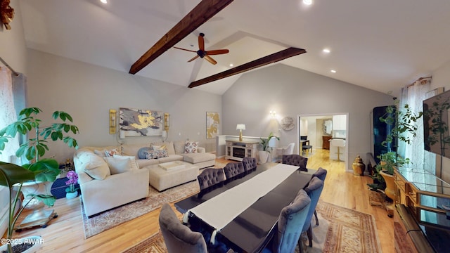 785 Milford Rd, Dingmans Ferry, PA 18328 - living area with ceiling fan, light wood finished floors, beamed ceiling, high vaulted ceiling, and recessed lighting