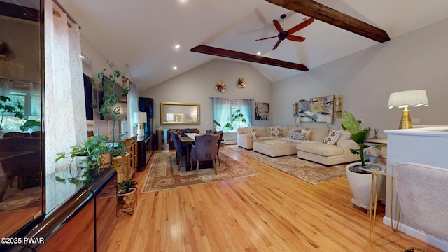 785 Milford Rd, Dingmans Ferry, PA 18328 - living room with light wood-style floors, a ceiling fan, beamed ceiling, high vaulted ceiling, and recessed lighting