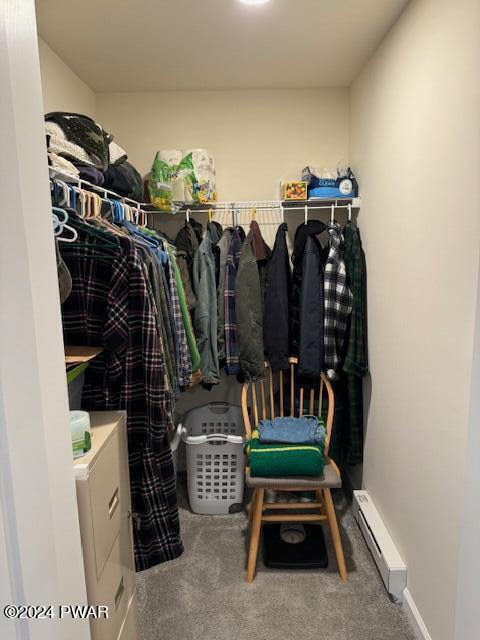 spacious closet with carpet floors and a baseboard heating unit