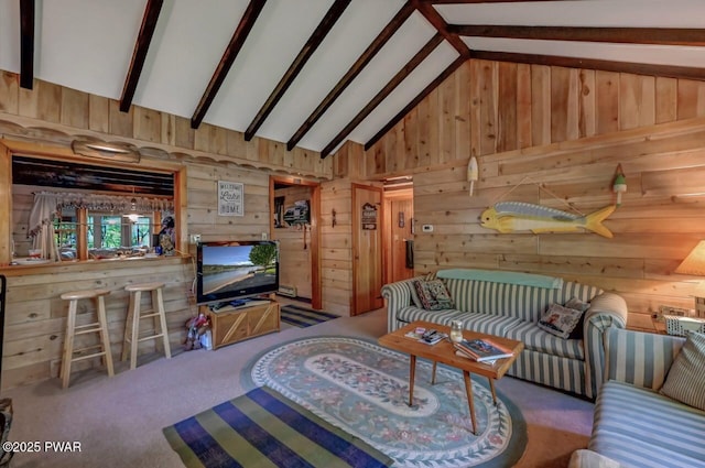 25 Deerfoot Rd, Lake Ariel, PA 18436 - living area featuring wooden walls, lofted ceiling, and carpet floors