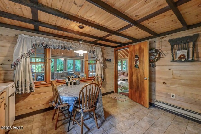 25 Deerfoot Rd, Lake Ariel, PA 18436 - dining area featuring wood walls, wooden ceiling, baseboard heating, beam ceiling, and light tile patterned floors