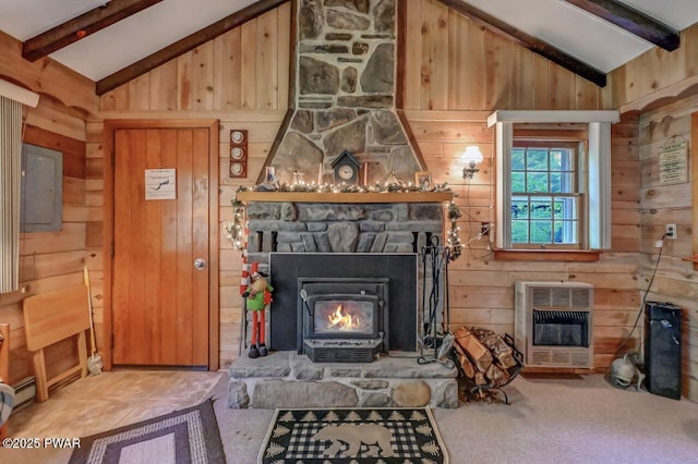 25 Deerfoot Rd, Lake Ariel, PA 18436 - carpeted living area featuring a large fireplace, heating unit, and wooden walls