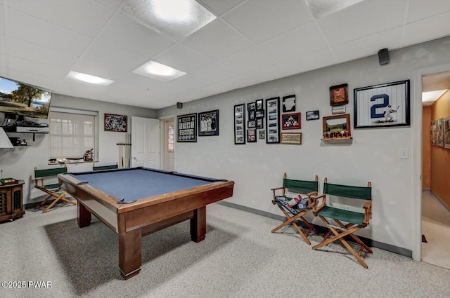 rec room featuring carpet, baseboards, a drop ceiling, and billiards