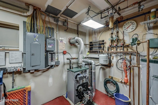 utility room with water heater, a heating unit, and electric panel
