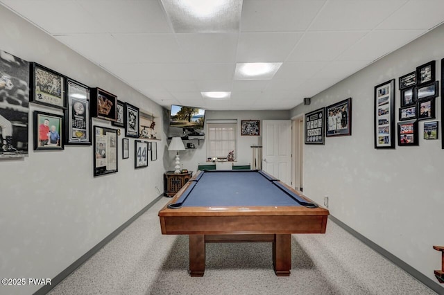 recreation room featuring baseboards, a drop ceiling, and billiards