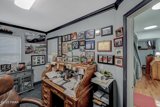 office space featuring ornamental molding, baseboards, and wood finished floors
