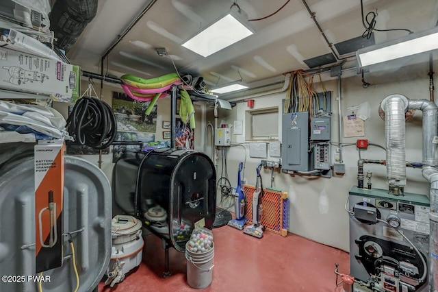 interior space featuring electric panel, heating fuel, and a garage