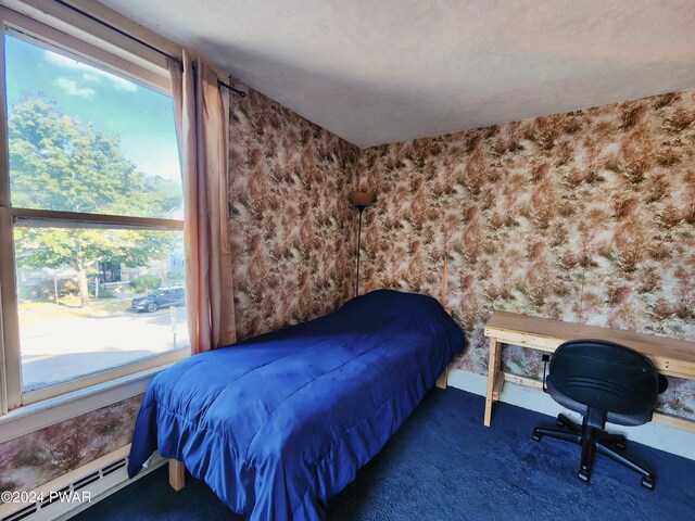 bedroom with dark carpet and a baseboard radiator