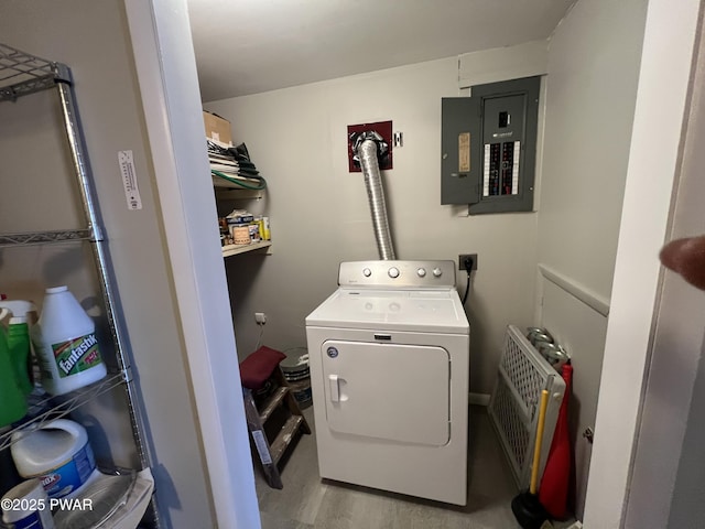 129 Waterview Dr, Lords Valley, PA 18428 - laundry area featuring laundry area, washer / clothes dryer, wood finished floors, and electric panel