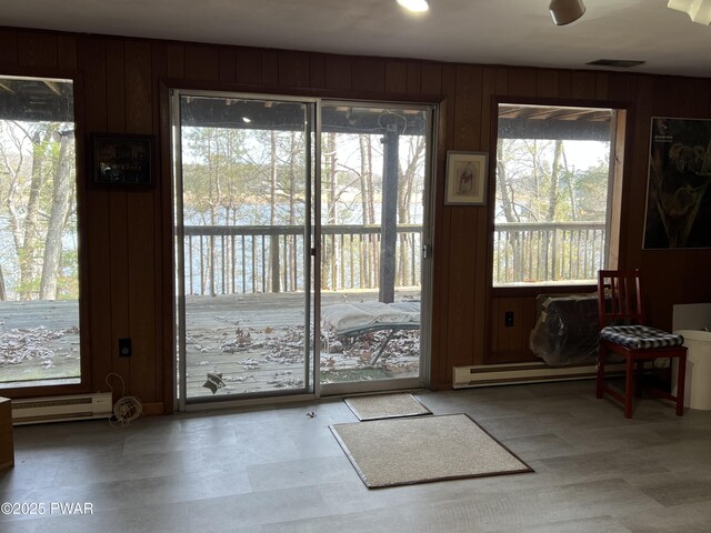 129 Waterview Dr, Lords Valley, PA 18428 - doorway featuring wooden walls, visible vents, and baseboard heating