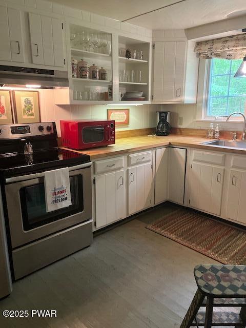 138 Lake Minisink Rd E, Dingmans Ferry, PA 18328 - kitchen featuring stainless steel electric range oven, under cabinet range hood, white cabinets, and light countertops