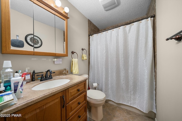 120 Burning Tree Dr, Lords Valley, PA 18428 - full bathroom featuring tile patterned flooring, vanity, a shower with shower curtain, and a textured ceiling