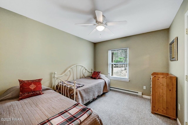 102 Oriole Pl, Lackawaxen, PA 18435 - bedroom featuring baseboard heating, ceiling fan, baseboards, and carpet floors