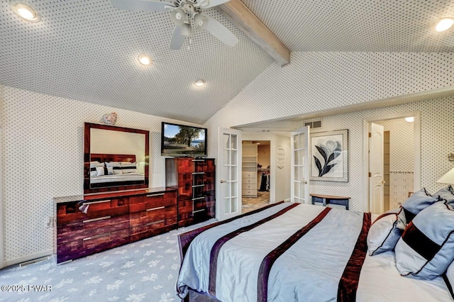 carpeted bedroom with ceiling fan and lofted ceiling with beams