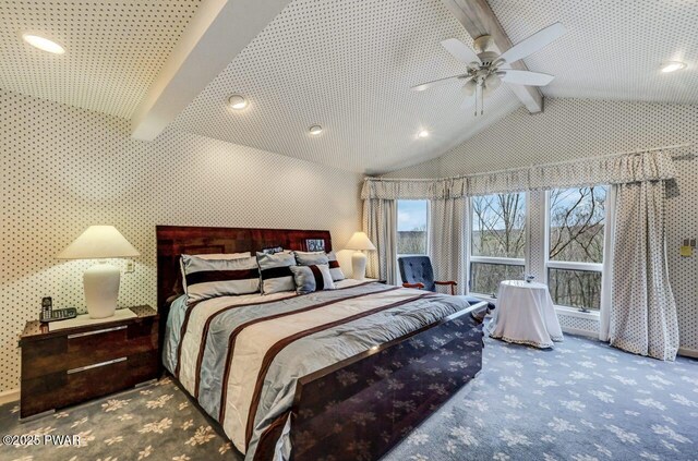 bedroom with beamed ceiling, ceiling fan, carpet flooring, and high vaulted ceiling