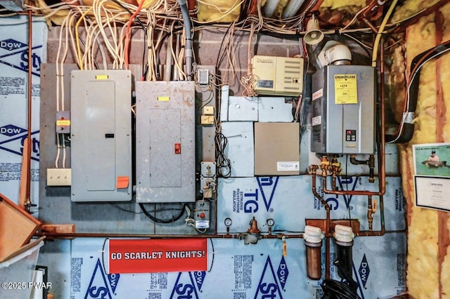 utilities featuring electric panel and tankless water heater