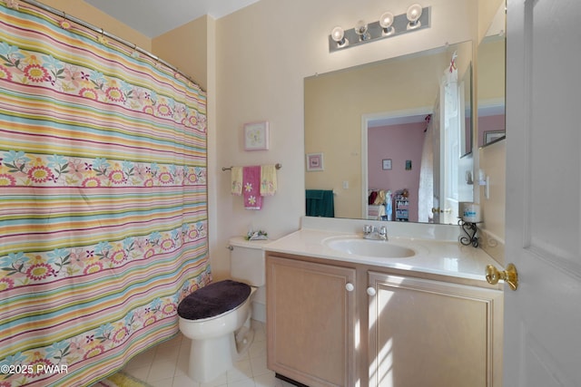 bathroom with toilet, a shower with shower curtain, tile patterned flooring, and vanity