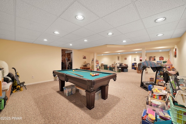 rec room with a paneled ceiling, pool table, carpet floors, baseboards, and recessed lighting