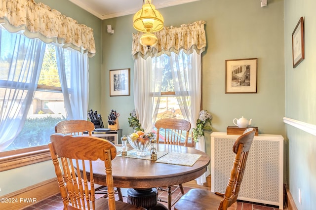 dining area featuring radiator and crown molding