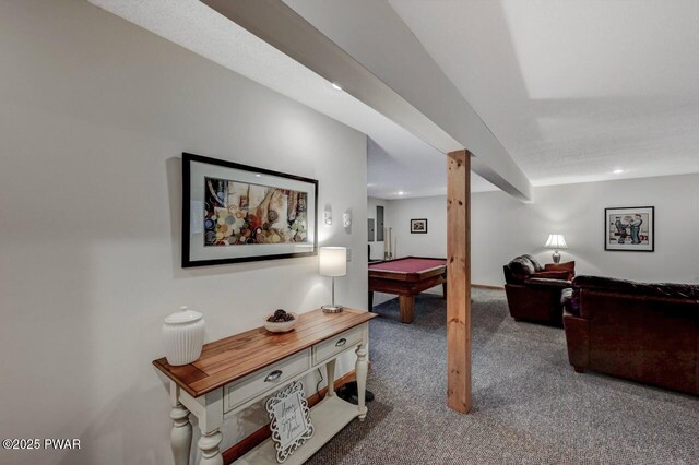 game room featuring pool table and carpet floors