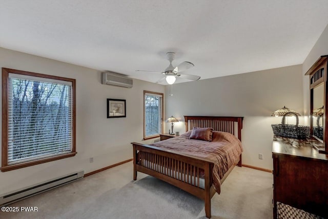 bedroom featuring a baseboard heating unit, a wall unit AC, multiple windows, and light carpet