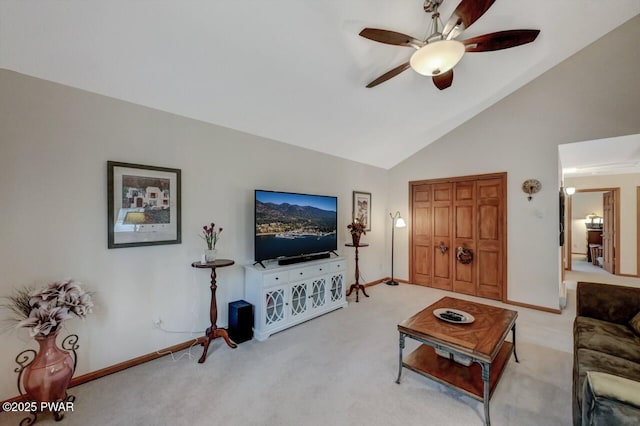 living area featuring high vaulted ceiling, light colored carpet, baseboards, and ceiling fan