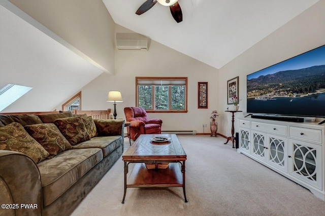 living room featuring carpet floors, baseboard heating, a skylight, a wall mounted AC, and a ceiling fan