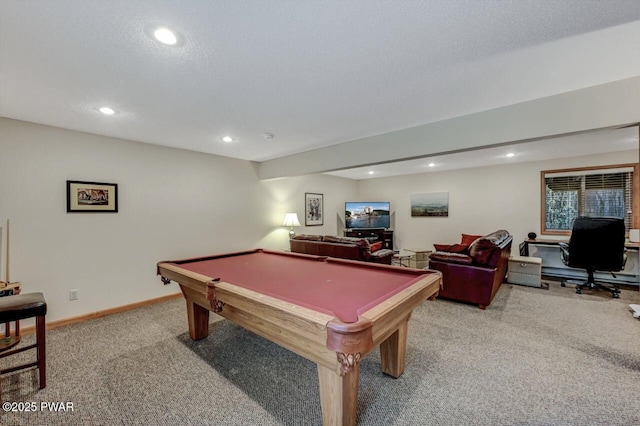 rec room featuring pool table, baseboards, light carpet, recessed lighting, and a textured ceiling