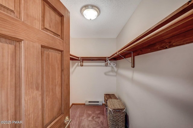 spacious closet with carpet and a baseboard radiator