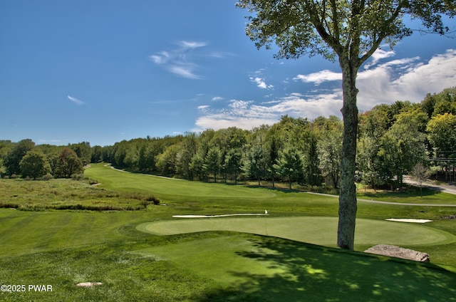 view of home's community featuring a lawn and view of golf course