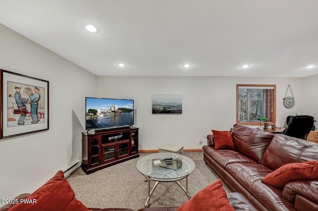 carpeted living room featuring a baseboard heating unit, recessed lighting, baseboards, and a textured ceiling