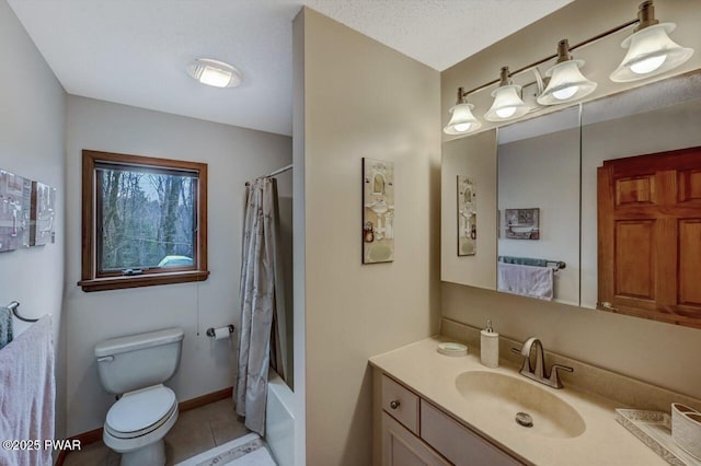 full bathroom with tile patterned flooring, baseboards, toilet, shower / bath combo, and vanity