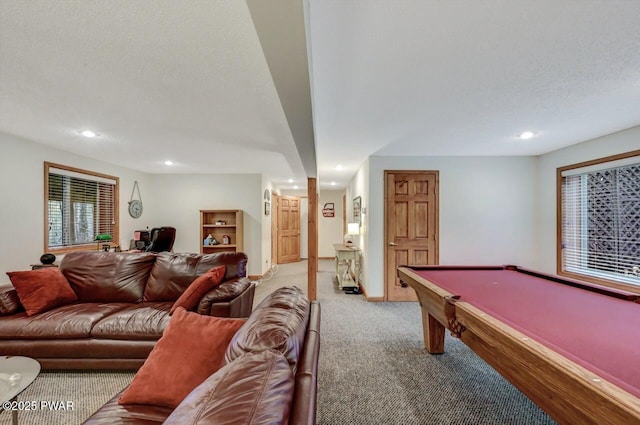 playroom with baseboards, recessed lighting, pool table, a textured ceiling, and carpet flooring