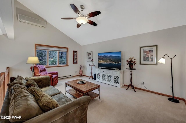 carpeted living room with baseboards, an AC wall unit, high vaulted ceiling, a ceiling fan, and a baseboard radiator