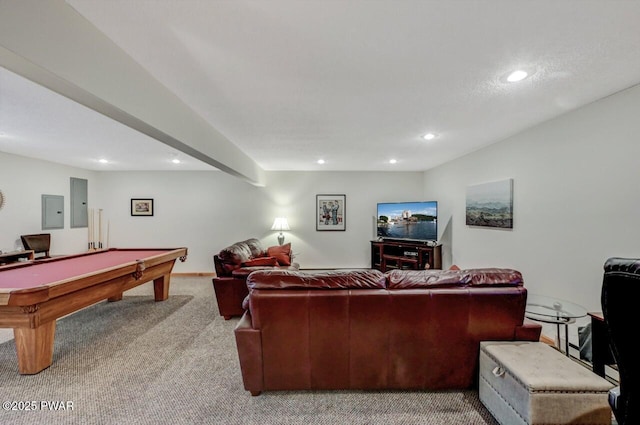 living area with electric panel, recessed lighting, billiards, and carpet floors