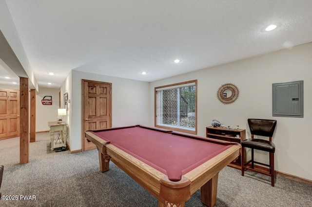 recreation room featuring electric panel, recessed lighting, baseboards, and carpet floors