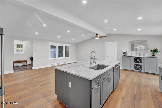 105 Cherry Point Ct, Hawley, PA 18428 - kitchen featuring gray cabinetry, a sink, stainless steel dishwasher, light wood-style flooring, and baseboard heating