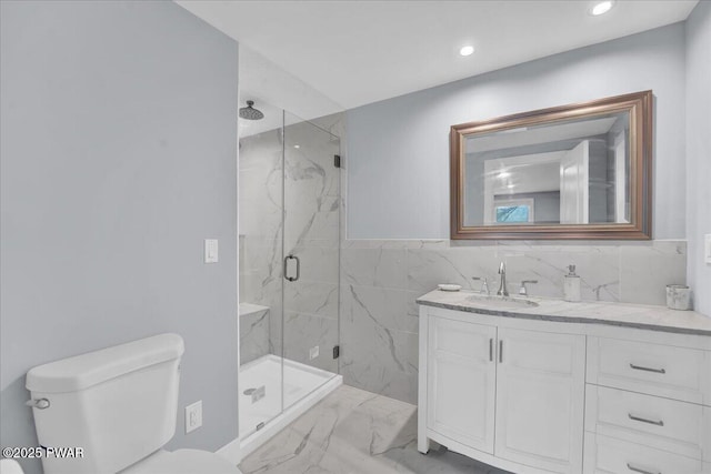 105 Cherry Point Ct, Hawley, PA 18428 - full bathroom with marble finish flooring, toilet, a marble finish shower, vanity, and recessed lighting