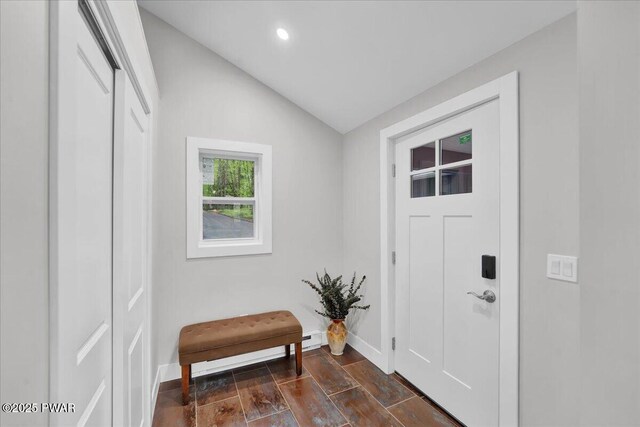 105 Cherry Point Ct, Hawley, PA 18428 - entryway with baseboards, vaulted ceiling, and recessed lighting