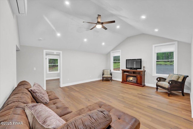 105 Cherry Point Ct, Hawley, PA 18428 - living room featuring light wood-style flooring, ceiling fan, vaulted ceiling, recessed lighting, and baseboards