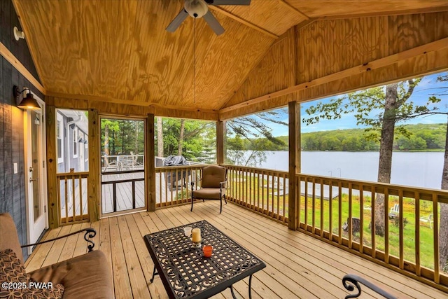 105 Cherry Point Ct, Hawley, PA 18428 - sunroom with vaulted ceiling, a water view, a ceiling fan, and plenty of natural light