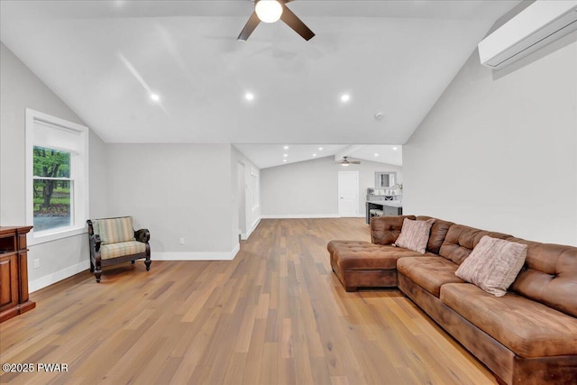 105 Cherry Point Ct, Hawley, PA 18428 - living room with a wall mounted AC, lofted ceiling, a ceiling fan, wood finished floors, and recessed lighting